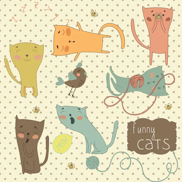 Conjunto de divertidos gatos de dibujos animados. Lindo vector gato, pájaro y juguetes sobre un fondo brillante . — Vector de stock