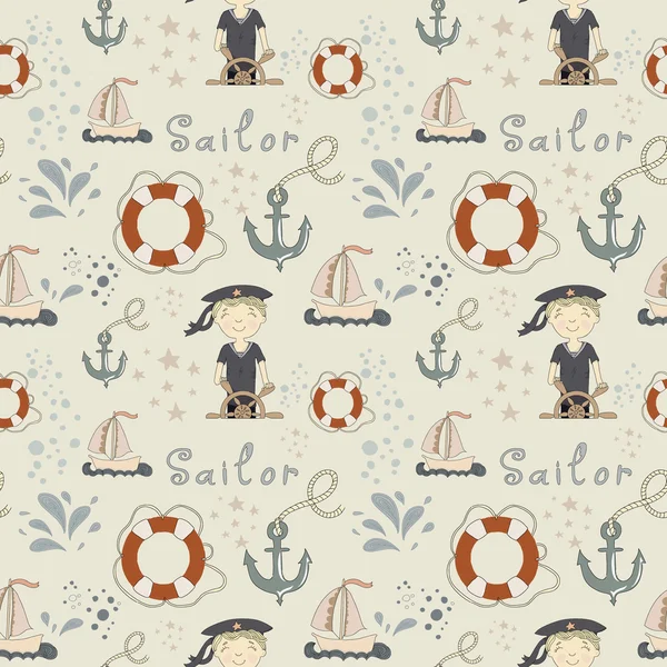 Pattern with little sailor and various marine objects — Stock Vector