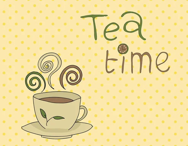 Karte "Tea Time" mit einer Tasse Tee und einer Inschrift. — Stockvektor