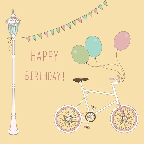 Linda tarjeta con globos y bicicleta para la fiesta de cumpleaños . — Vector de stock