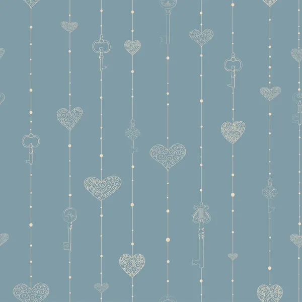 Vintage seamless pattern with hanging keys and hearts. — Stock Vector