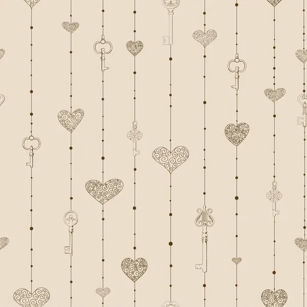 Vintage seamless pattern with hanging keys and hearts. — Stock Vector