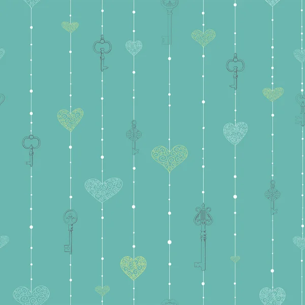 Vintage seamless pattern with hanging keys and hearts. — Stock Vector