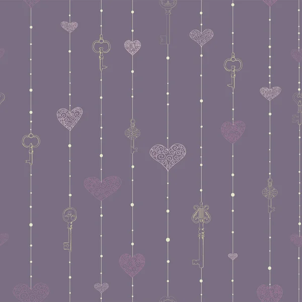Vintage seamless pattern with hanging keys and hearts. — Stock Vector