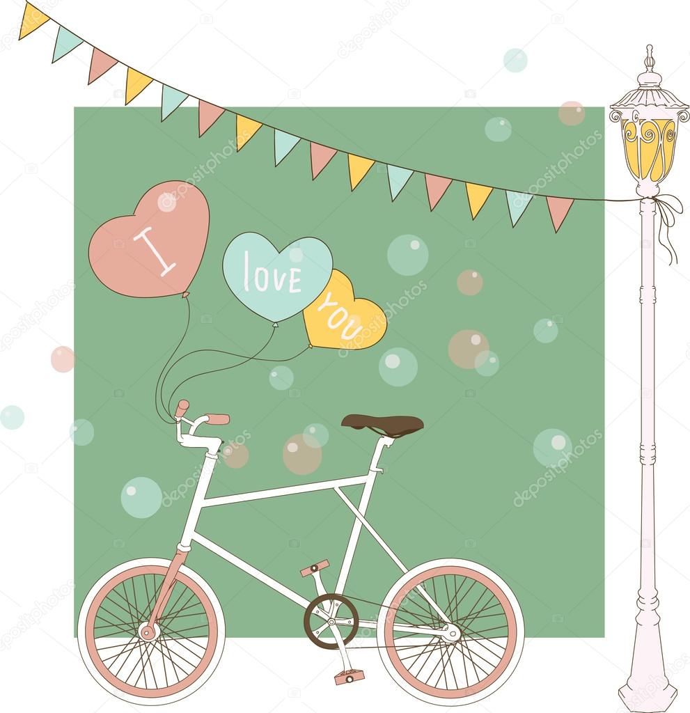 Cute card with balloons and bicycle for the birtday party.