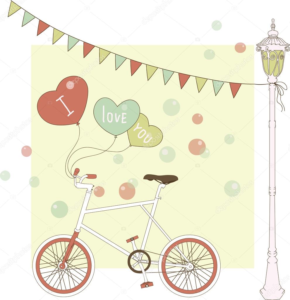 Cute card with balloons and bicycle for the birthday party.