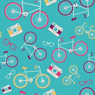vintage bisiklet, kamera, güneş gözlüğü, konuşma balonu siluetleri vektör seamless modeli