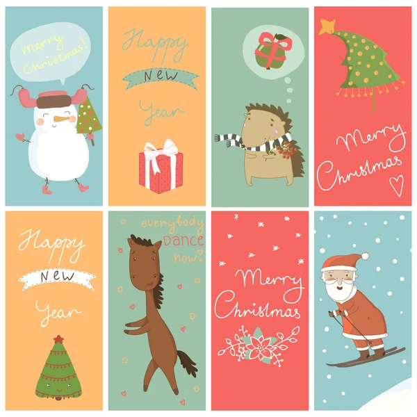 8 Banner de Navidad con personajes de dibujos animados — Vector de stock