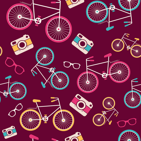 Vector seamless pattern with vintage bicycle, camera, sunglasses, speech bubble silhouettes