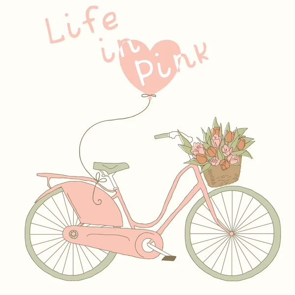 Bonita bicicleta rosa con tulipanes — Vector de stock