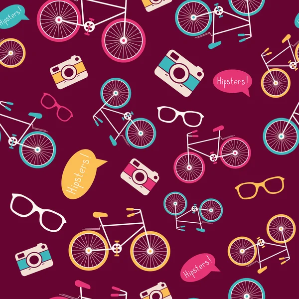 Vector seamless pattern with vintage bicycle, camera, sunglasses, speech bubble silhouettes — Stock Vector