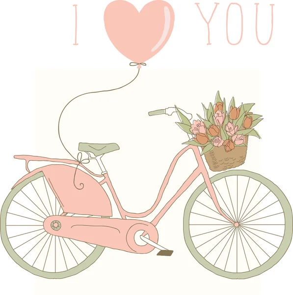 Bicicleta rosa bonita com tulipas — Vetor de Stock