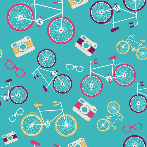 Motif vectoriel sans couture avec vélo vintage, appareil photo, lunettes de soleil, silhouettes à bulles vocales — Image vectorielle