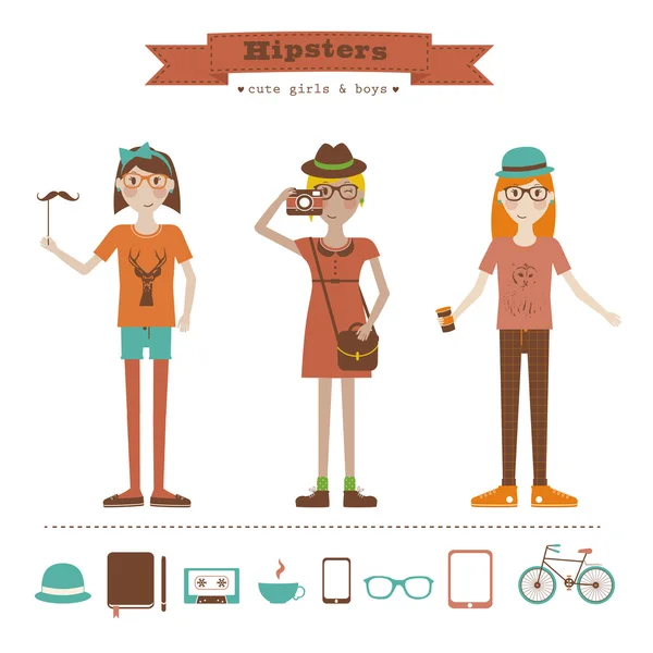 Funny cartoon illustration of young girls with hipster fashion style. — Stock Vector