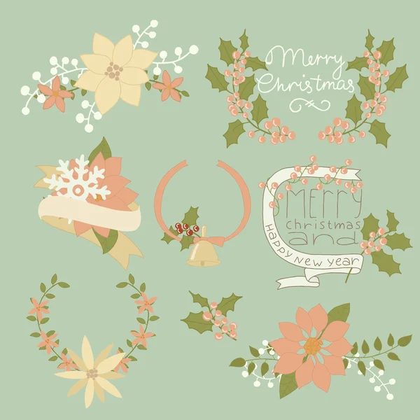 Christmas and New Year card with flowers decorations — Stock Vector