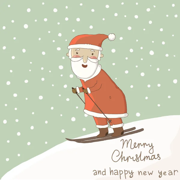 Card with Santa on skis. New Year greeting card design. — Stock Vector