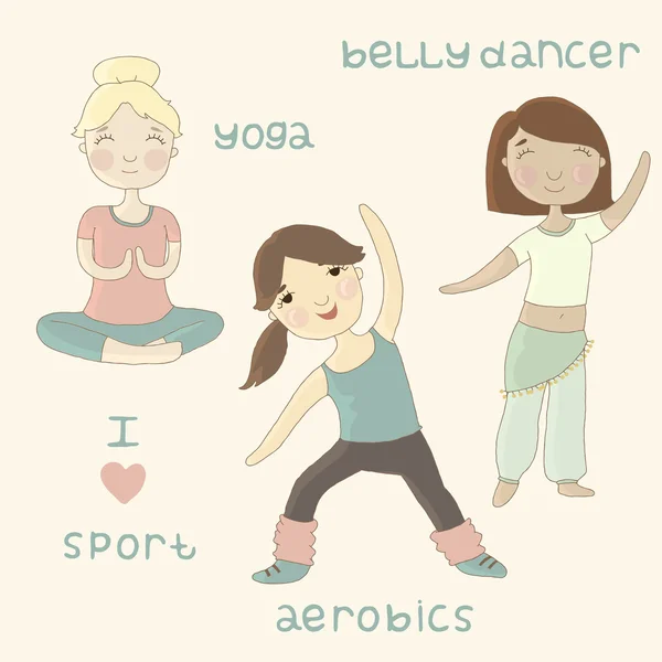 Schattige meisjes spelen sport. Yoga, aerobics, buikdansen. — Stockvector