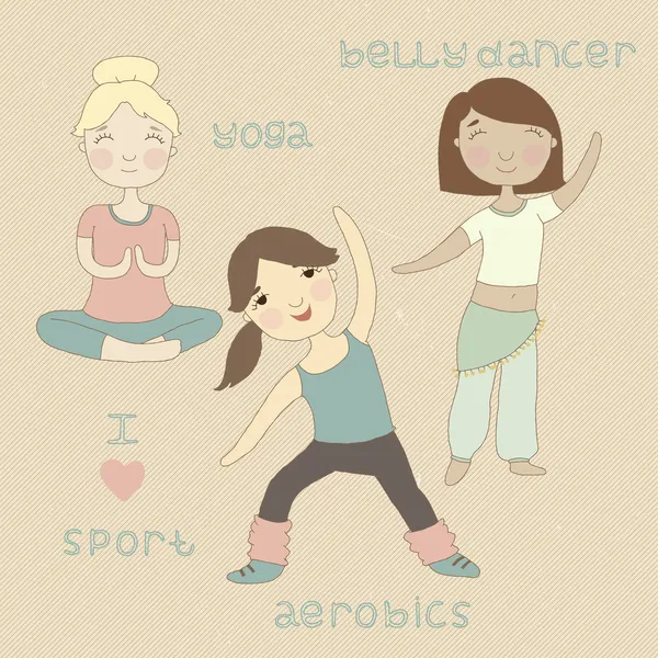 Schattige meisjes spelen sport. Yoga, aerobics, buikdansen. — Stockvector