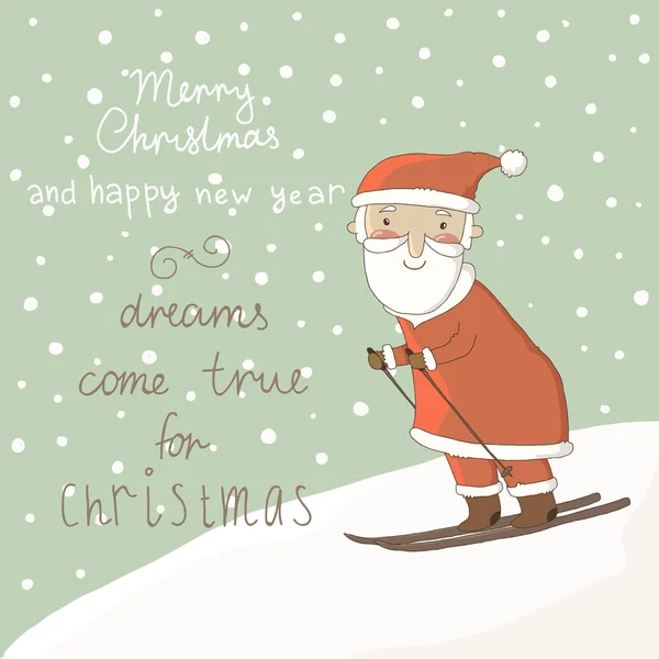 Cartão com o Pai Natal em esquis. Design de cartão de saudação de Ano Novo . Vetores De Bancos De Imagens