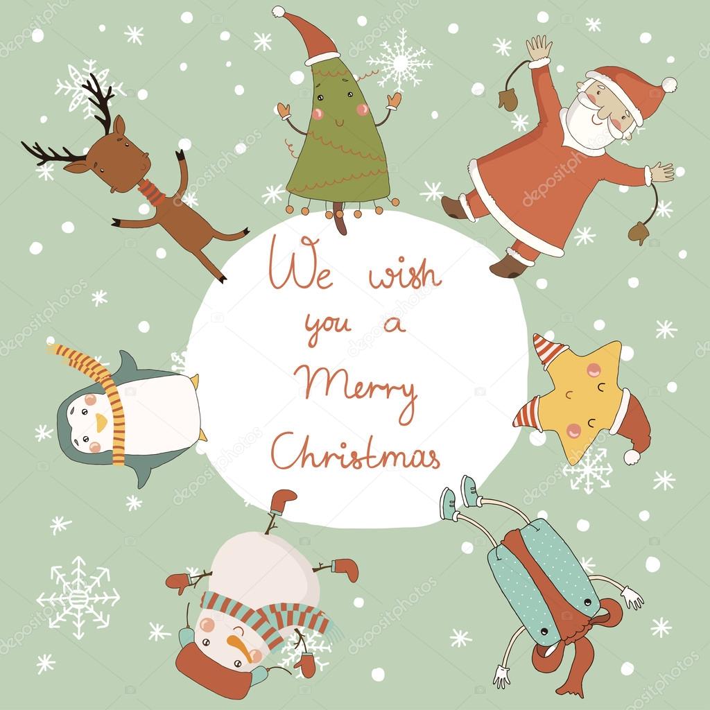 Christmas card with cartoon characters. Merry Christmas and Happy New Year!