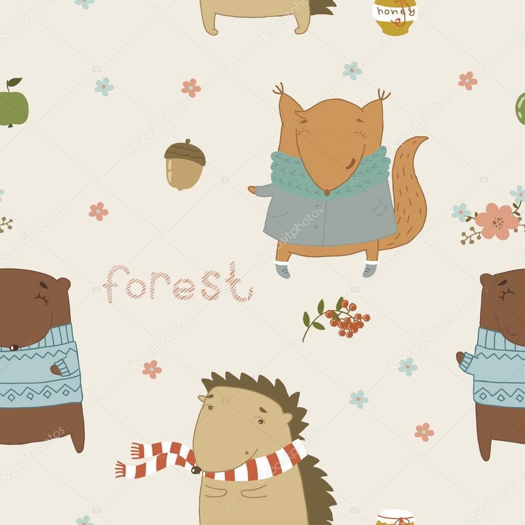 Cute seamless pattern with wild animals