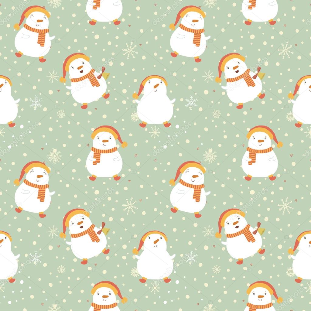 Christmas background with a snowman. New year cartoon seamless pattern.