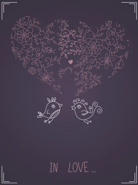 Papier peint floral avec oiseau et coeurs — Image vectorielle