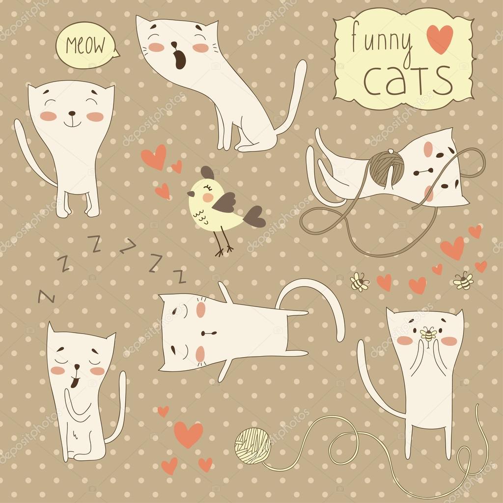 Set of funny cartoon love cats.