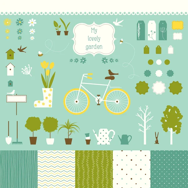 Zoete decoratieve tuin instellen voor scrapbookingateliers kunst. — Stockvector