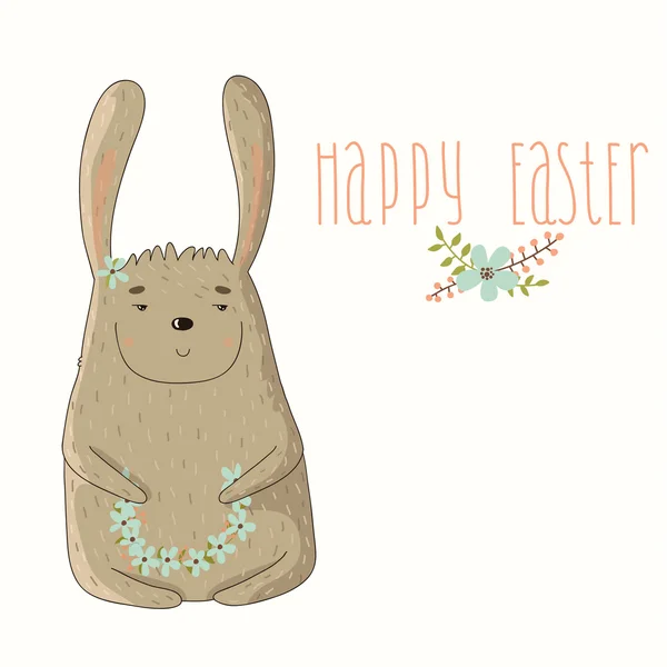 สุขสันต์วันอีสเตอร์การ์ดกับกระต่ายน่ารักและแบบอักษรพิมพ์ — ภาพเวกเตอร์สต็อก