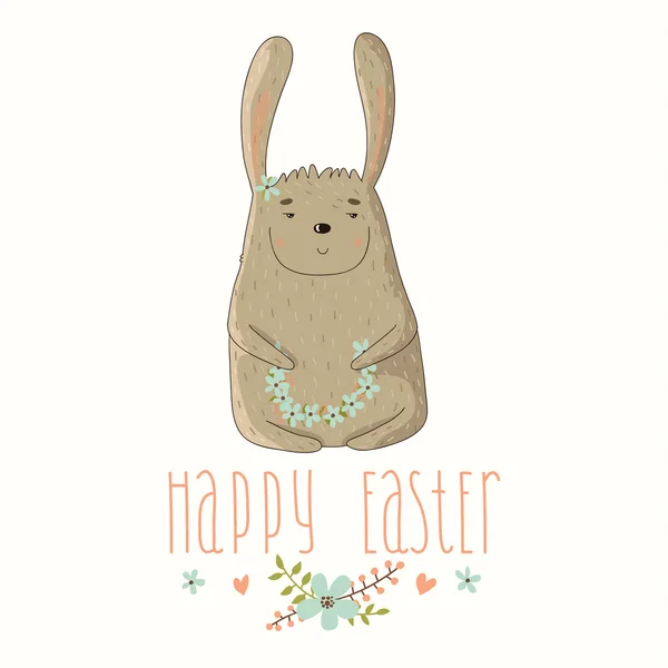 Bonne carte de Pâques avec lapin mignon et police de caractères — Image vectorielle