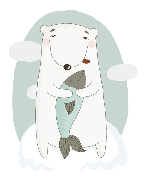 Illustration med söta tecknade Björn håller en fisk — Stock vektor