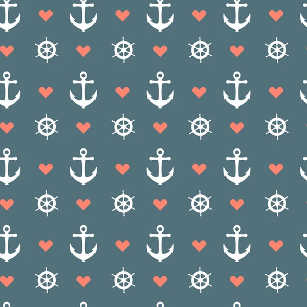 Seamless nautical pattern with red heart, white anchors and ship wheels — Stock Vector