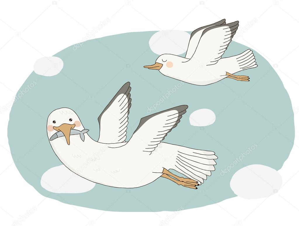 Illustration with cute flying gulls