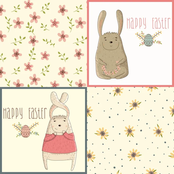 Establecer una feliz tarjeta de felicitación de Pascua con conejito lindo — Archivo Imágenes Vectoriales
