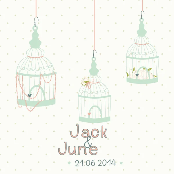 Invitación de boda con jaulas para pájaros — Vector de stock