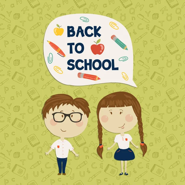 Мальчик в очках и девочка в руках говорят, вернуться в школу — стоковый вектор