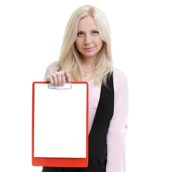 Successful businesswoman holding a clipboard with blank paper — Stock Photo, Image
