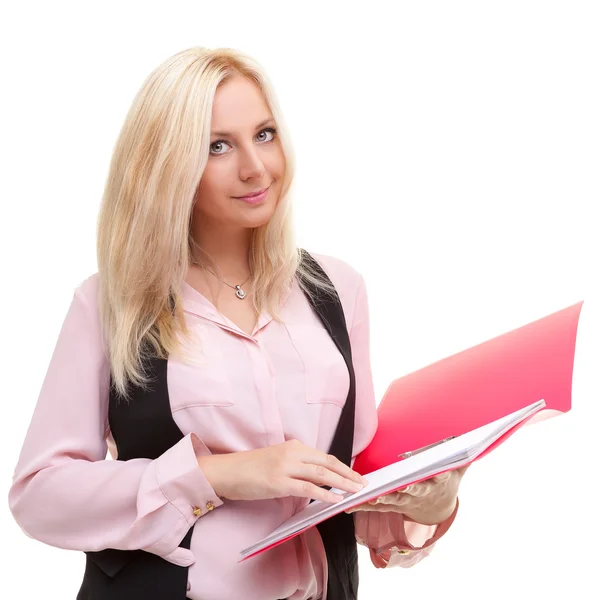 Young business woman with red folder — Stock Photo, Image