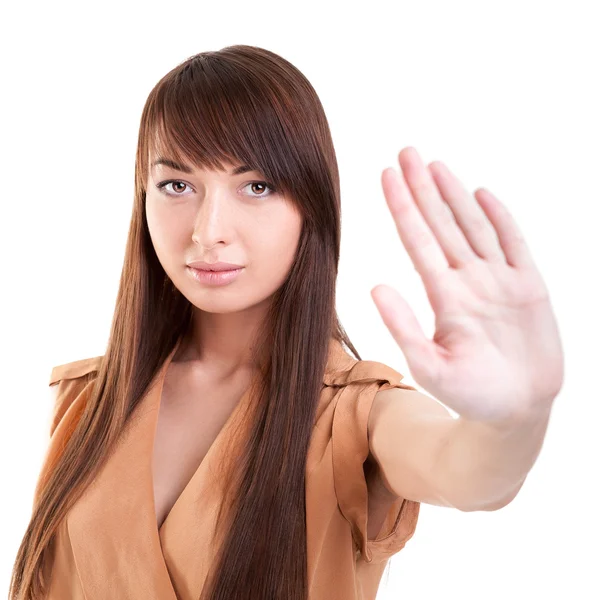 Young attractive woman showing stop gesture — Stock Photo, Image