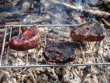 bir kamp ateşi üzerine biftek