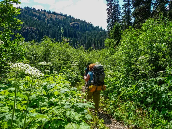 Vrouwen backpacken in de zomer — Stockfoto