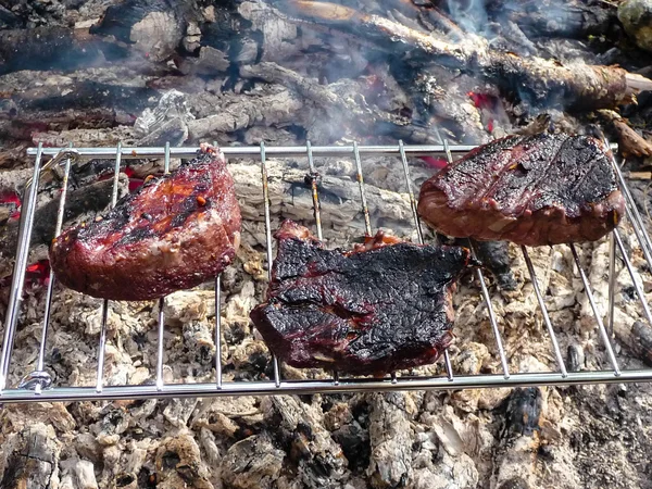 Steaks sur un feu de camp — Photo