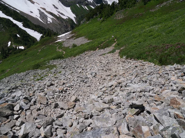 Vrouw backpacker aan verre kant van een veld boulder — Stockfoto