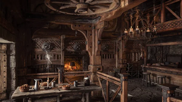 3D illustration of a medieval tavern inn interior with a table of food and drink, lit by daylight from a window, and an open fireplace in the background.