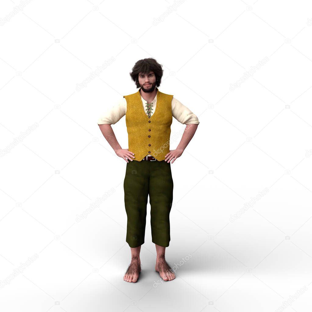 3D illustration of a male halfling fantasy character standing with hands on hips isolated on a white background.