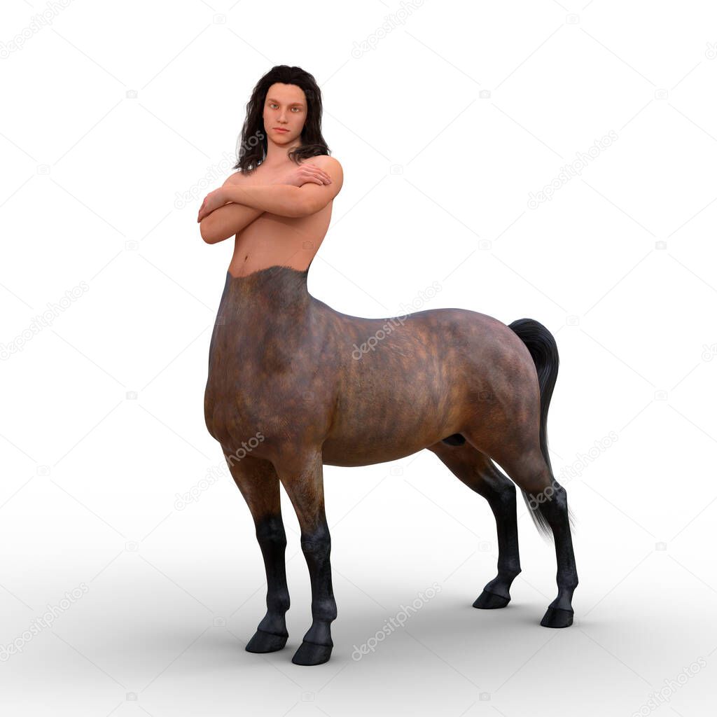 3D illustration of a centaur half man, half horse mythical creature standing with arms folded isolated on a white background.