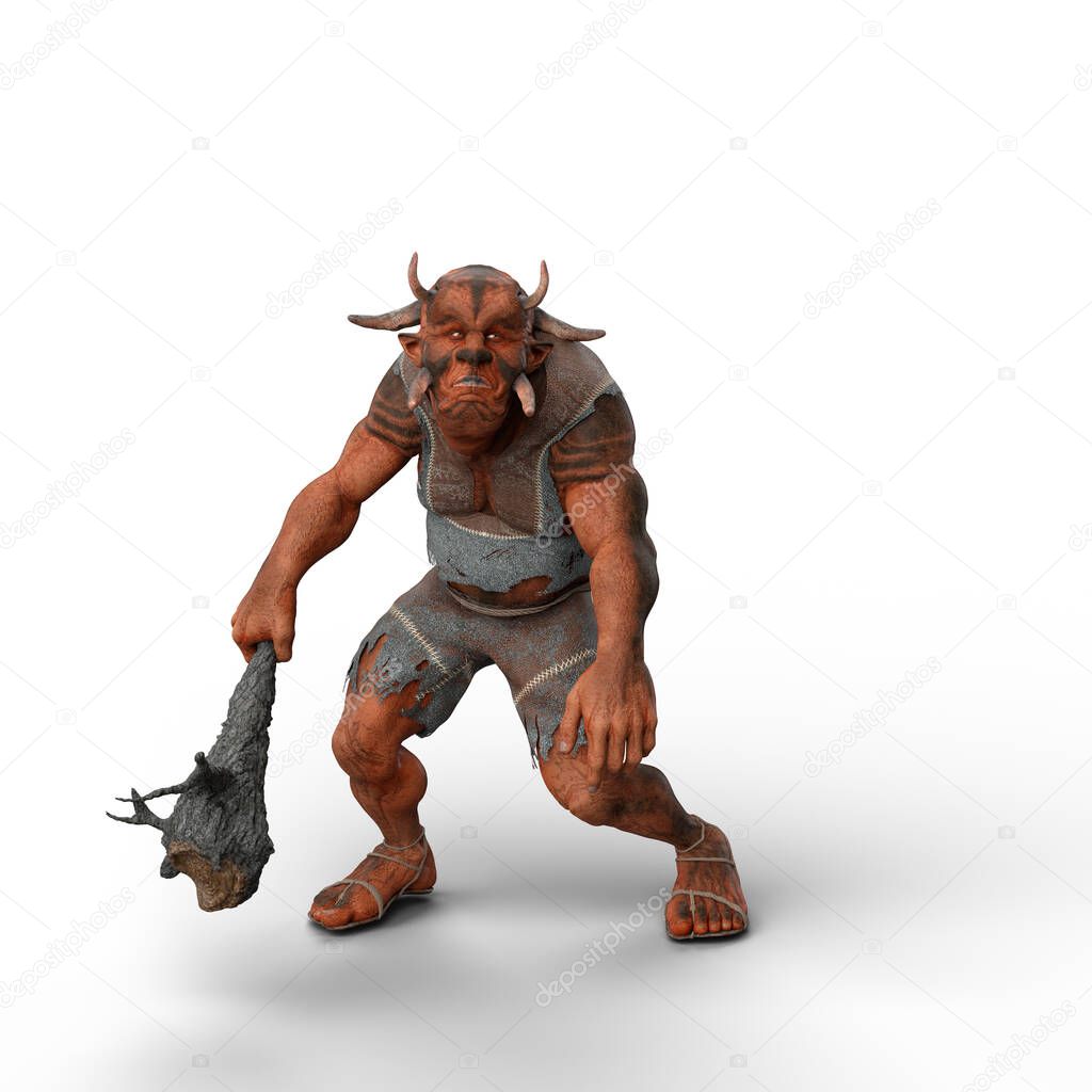 3D illustration of a mythical Troll creature holding a large wooden club weapon isolated on a white background.