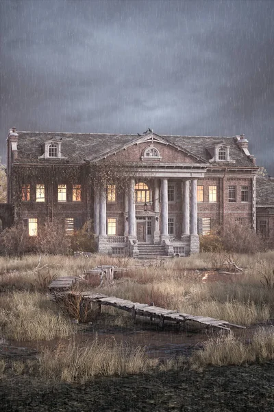 Portrait format 3D illustration of an old wooden boardwalk leading across a swamp to a creepy old mansion house with dark grey sky and rain falling.