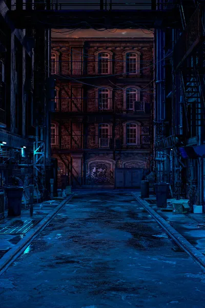Akşamları eski bir siber punk şehri arka sokağının 3 boyutlu portresi.